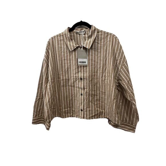 Everlane Tops - NWT Everlane Boxy Cropped Button Down Shirt Large Tan White Striped Coastal Chic